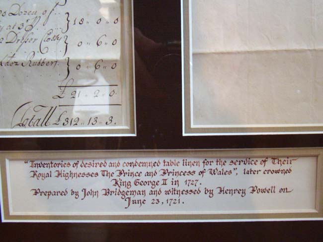 A rare inventory of 'Table Linens' desired by Their Royal Highnesses the Prince and Princess of Wales dated June 23, 1721 — image 4